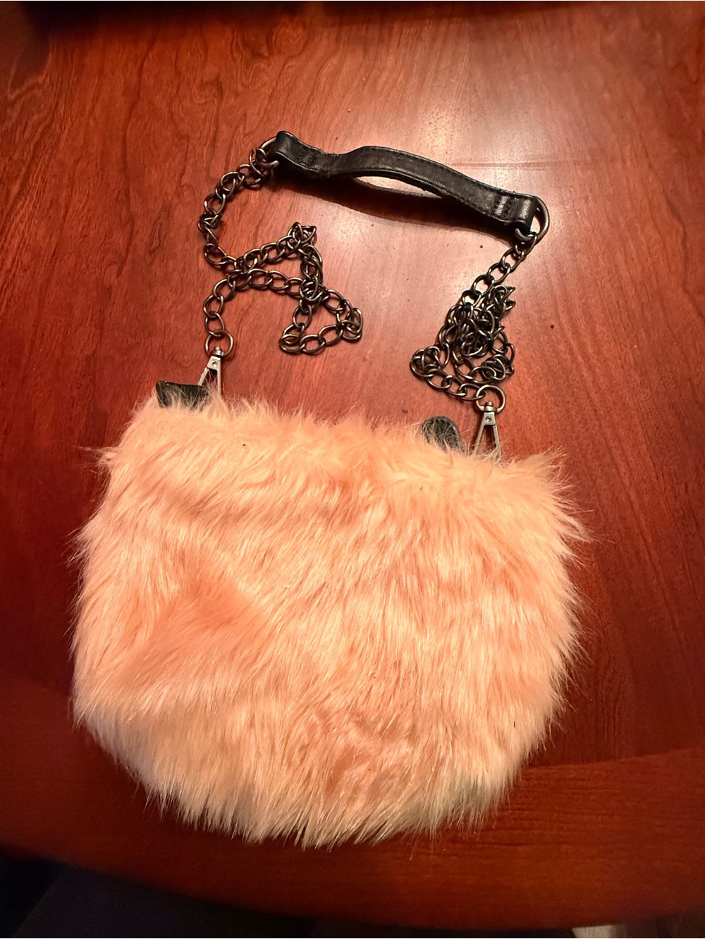 Peach Faux Fur Chain Crossbody Bag with Leather Strap